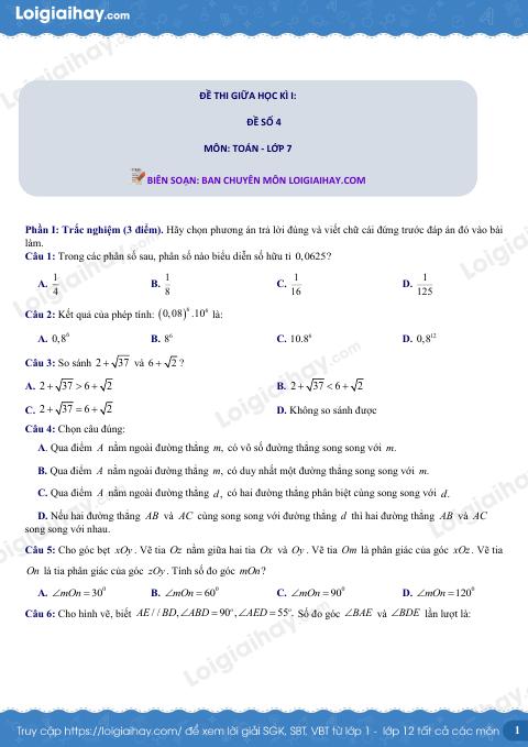 Đề thi giữa kì 1 Toán 7 - Đề số 4 - Kết nối tri thức